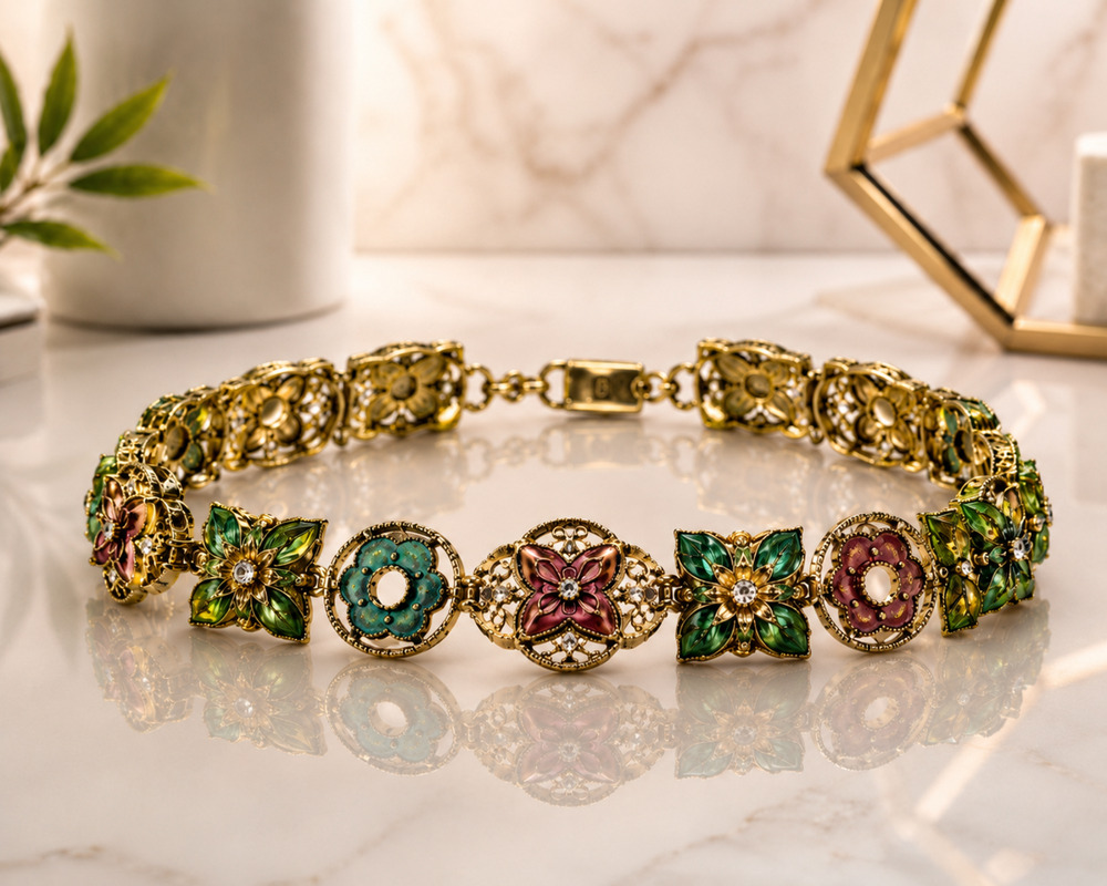 Vintage Monet Jewel Tone Enamel Rhinestone Floral Link Bracelet Signed 7.5”